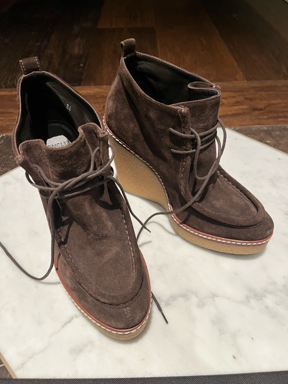 Moncler Dark Brown Suede Wedge Lace-Up Ankle Boots never worn